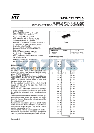 74VHCT16374ATTR datasheet - 16-BIT D-TYPE FLIP FLOP WITH 3-STATE OUTPUTS NON INVERTING