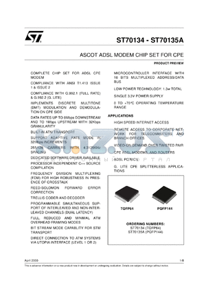 ASCOT datasheet - ST70134 - ST70135A - ASCOT ADSL MODEM CHIP SET FOR CPE