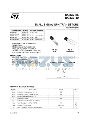 BC337-25-AP datasheet - SMALL SIGNAL NPN TRANSISTORS