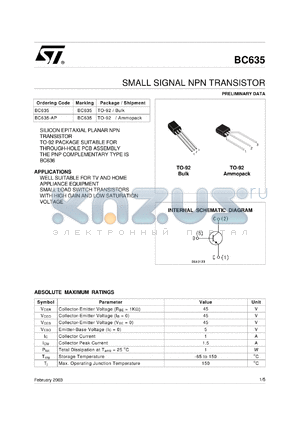 BC635-AP datasheet - SMALL SIGNAL NPN TRANSISTOR