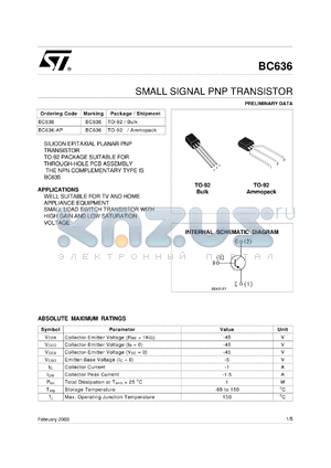 BC636-AP datasheet - SMALL SIGNAL PNP TRANSISTOR