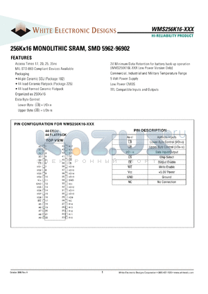 WMS256K16-25FLCA datasheet - 25ns; 256K x 16 monilithic SRAM, SMD 5962-96902