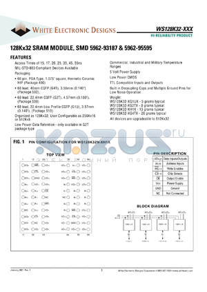 WS128K32N-15H1CA datasheet - 15ns; 5V power supply; 128K x 32 SRAM module, SMD 5962-93187 & 5962-95595