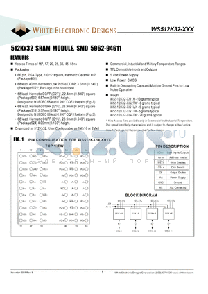 WS512K32-15H1IA datasheet - 15ns; 5V power supply - 3.3V parts also available; 512K x 32 SRAM module, SMD 5962-94611