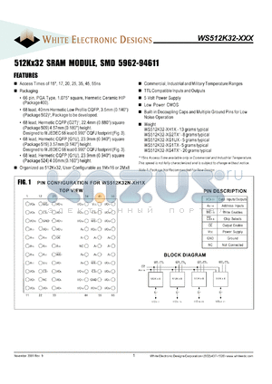 WS512K32L-20G1TMA datasheet - 20ns; 5V power supply - 3.3V parts also available; 512K x 32 SRAM module, SMD 5962-94611