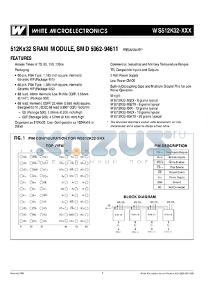 WS512K32F-100HIE datasheet - 100ns; 5V power supply; 512K x 32 SRAM module, SMD 5962-94611