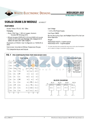 WS512K32NV-85G2TC datasheet - 85ns; 3.3V power supply; 512K x 32 SRAM module