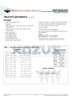 WEDF1M32B-70HC5 datasheet - 70ns; 5V power supply; 1M x 32 flash module