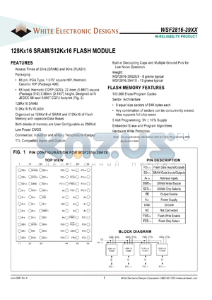 WSF2816-39G2U1IA datasheet - 39ns; 5V power supply; 128K x 16 SRAM / 512K x 16 flash module