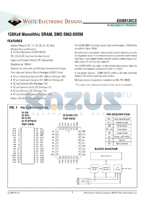 EDI88130LPS17CI datasheet - 17ns; 5V power supply; 128K x 8 monolithic SRAM, SMD 5962-89598