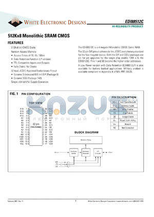EDI88512C100CC datasheet - 100ns; 5V power supply; 512K x 8 monolithic SRAM CMOS