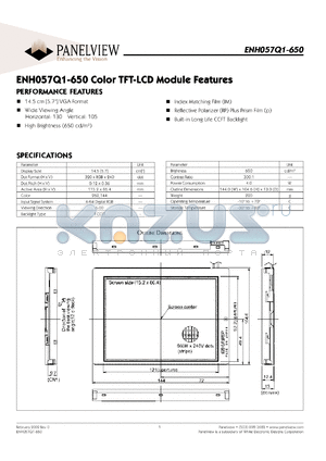 ENH057Q1-650 datasheet - Display size: 14.5cm; dot format: 320xRGBx240; dot pitch: 0.12x0.36; color TFT-LCD module feature