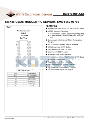 WME128K8-300CI datasheet - 300ns; 5.5V power supply; 128K x 8 CMOS monolithic EEPROM, SMD 5962-96796