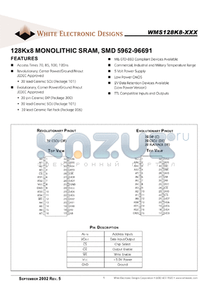 WMS128K8L-85FEIA datasheet - 85ns; 5V power supply; 128K x 8 CMOS monolithic SRAM, SMD 5962-96691