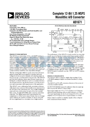 AD1671JP datasheet - 0.5-6.5V; complete 12-bit 1.25 MSPS monolithic A/D converter