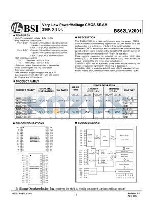 BS62LV2001SI-10 datasheet - Very low power/voltage CMOS SRAM 256K X 8 bit, 100ns