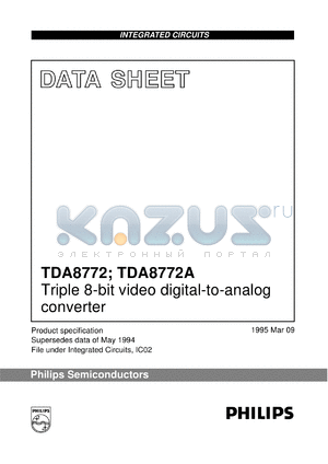 TDA8772AH/8 datasheet - Triple 8-bit video digital-to-analog converter. Sampling frequency 85 MHz.