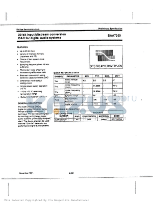 SAA7350 datasheet - 20-bit input bitstream conversion DAC for digital audio system