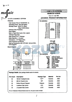 MEM8129J-20 datasheet - 128K x 8-bit EEPROM, 200ns