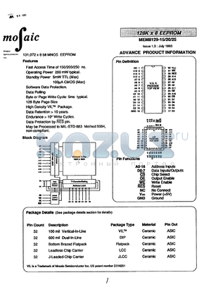 MEM8129WI-20 datasheet - 128K x 8-bit EEPROM, 200ns