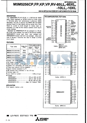 M5M5256CP-85LX datasheet - 262144-bit (32768 x 8-bit) CMOS static RAM, 85ns