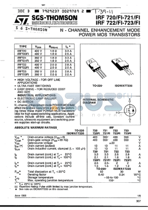 IRF721F1 datasheet - N-channel MOSFET, 350V, 2.5A