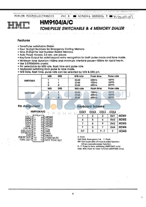 HM9104B datasheet - Tone/pulse switchable & 4 memory dialer