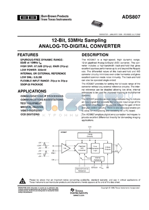 ADS807E/1K datasheet - 12-Bit, 53MHz sampling analog-to-digital converter