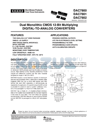 DAC7801KU/1K datasheet - Dual monolithic CMOS 12-Bit multiplying analog-to-digital converter
