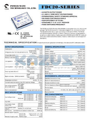 FDC20-48S33W datasheet - Input range:18-75 VDC;output voltage:3.3 VDC; output current:4000 mA;input current:377 mA; 20 W DC-DC converter