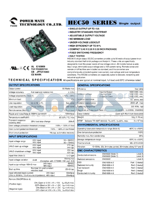 HEC50-48S3P3-K datasheet - Input range:36-75 VDC;output voltage:3.3 VDC; output current:15 A;input current:1.19 A; 50 W  single output DC-DC converter