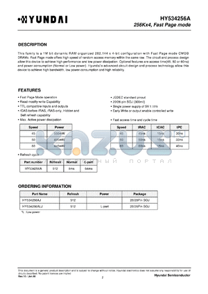 HY534256ALJ-45 datasheet - 256K x 4-bit CMOS DRAM, 45ns, low power