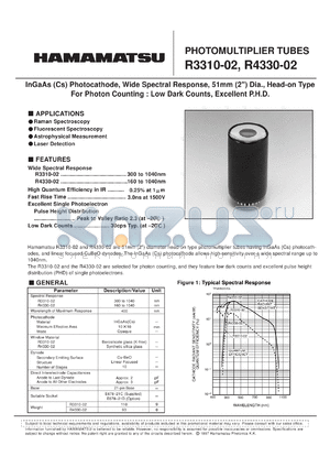 R3330-02 datasheet - Spectral responce: 160 to 1040nm; 2200Vdc; average anode current:1mA; photomultiplier tube