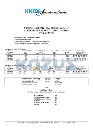 SMV30223-09 datasheet - VBR:8V min; 250mW; surface mount 3022/3033 series varactor super hyperabrupt tuning diode for VCXOs