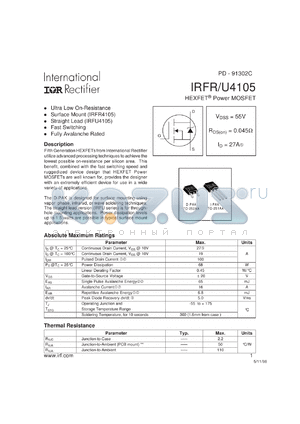 IRFR4105TRR datasheet - N-channel power MOSFET for fast switching applications, 55V, 27A