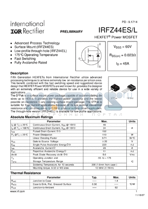 IRFZ44ESTRR datasheet - N-channel power MOSFET for fast switching applications, 60V, 48A