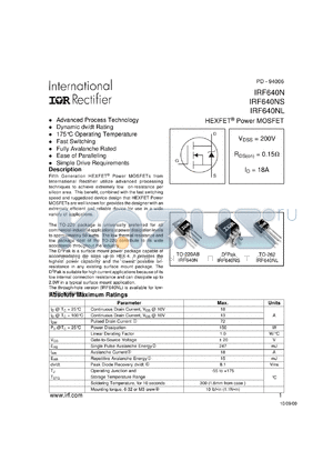 IRF640NSTR datasheet - N-channel power MOSFET for fast switching applications, 200V, 18A