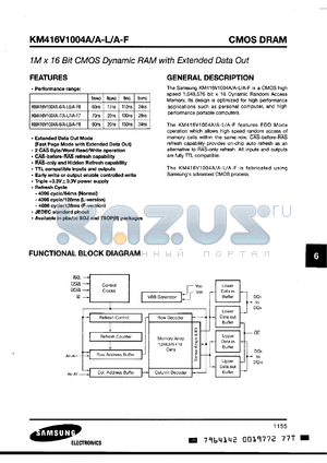 KM416V1004AR-L6 datasheet - 3.3V, 1M x 16 bit CMOS DRAM with extended data out, 60ns