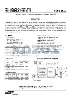 KM416C1004CT-L45 datasheet - 5V, 1M x 16 bit CMOS DRAM with extended data out, 45ns