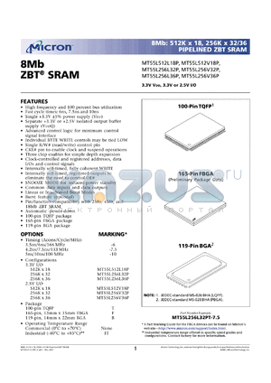 MT55L256L36PB-6 datasheet - 256K x 36 ZBT SRAM, 6ns