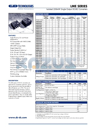 LME0509S datasheet - Isolated 250mW single output DC-DC converter. Nom. input voltage 5V, output voltage 9V, output current 28mA.