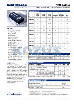 NMS0515 datasheet - 6kVDC isolated 2W dual output DC-DC converter. Nom.input voltage 5V, output voltage +-15V, output current +-67mA.