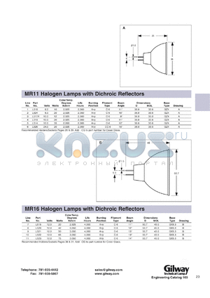 L6409 datasheet - MR16 halogen lamp with focused ellipsoidal dichroic reflector. 21.0 volts, 150 watts.