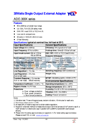 ADE-3001PM datasheet - 30 watts single output external adapter. Output voltage 5V.