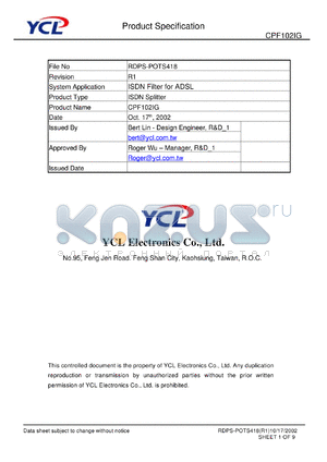 CPF102IG datasheet - Product type: ISDN splitter. System application: ISDN filter for ADSL.