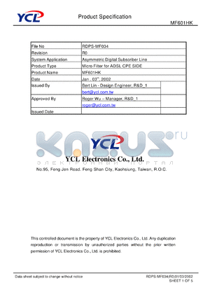 MF601HK datasheet - Product type: micro filter for ADSL CPE side. System application: asymmetric digital subscriber line.