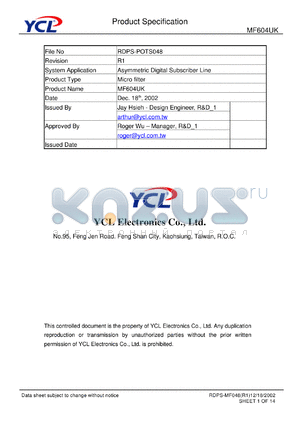 MF604UK datasheet - Product type: micro filter. System application: asymmetric digital subscriber line.