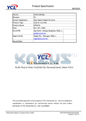 MF622A datasheet - Product type: dual in-line filter. System application: high speed digital services.