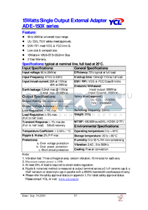 ADE-1501PF datasheet - 15 Watts single output external adapter. Output voltage 5V. Output current 0mA (min), 3000mA (max).