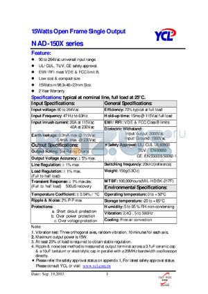 NAD-1505 datasheet - 15 watts open frame single output. Output voltage 3.3V. Output current 0mA(min), output current 4000mA(max).